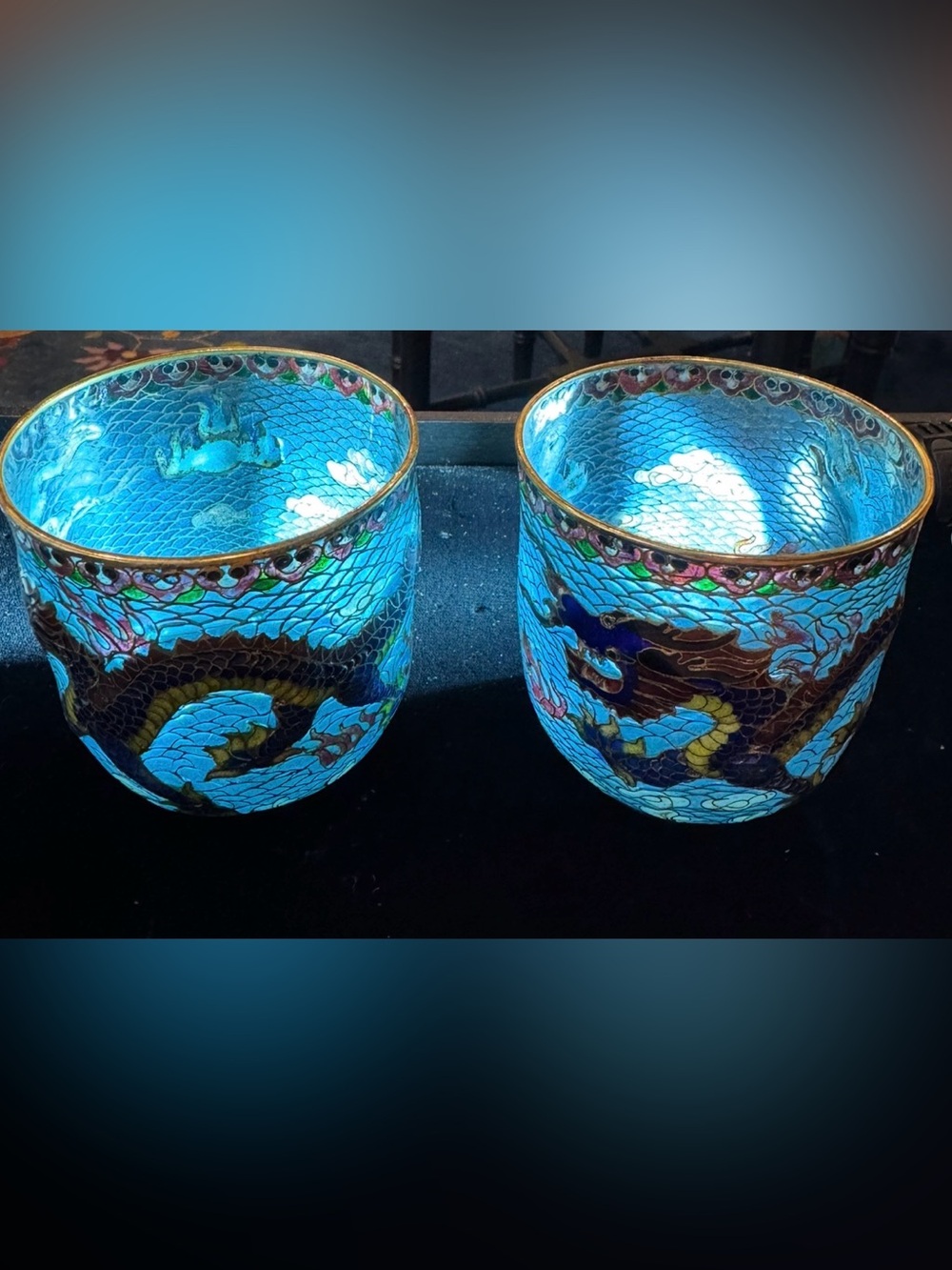 Rare Vintage Pair of Blue Plique-a-Jour Cloisonné Brush Pots/Votive Holders
